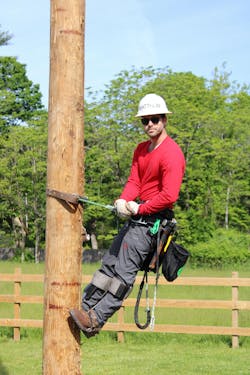 Matthew Miller, a former wildland forest fighter, enjoys learning how to climb poles as part of his pre-apprenticeship program at the Linemen Institute of the North East. Matthew Miller, a former wildland forest fighter, enjoys learning how to climb poles as part of his pre-apprenticeship program at the Linemen Institute of the North East.