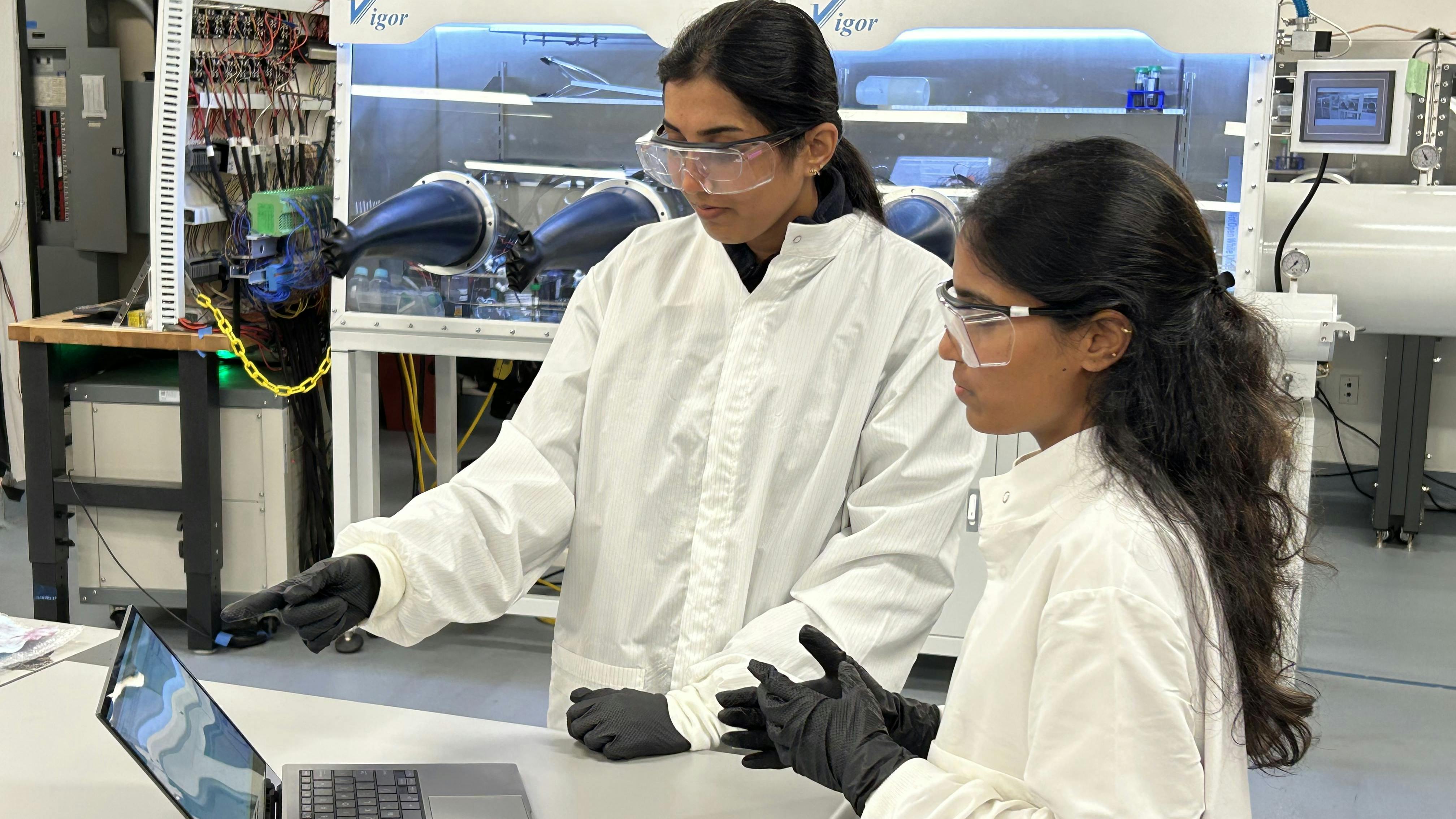 Battery engineers Veena Vallem and Anuradha Ramachandran characterize the performance of Quino Energy's organic flow batteries at the company's lab in San Leandro, CA.