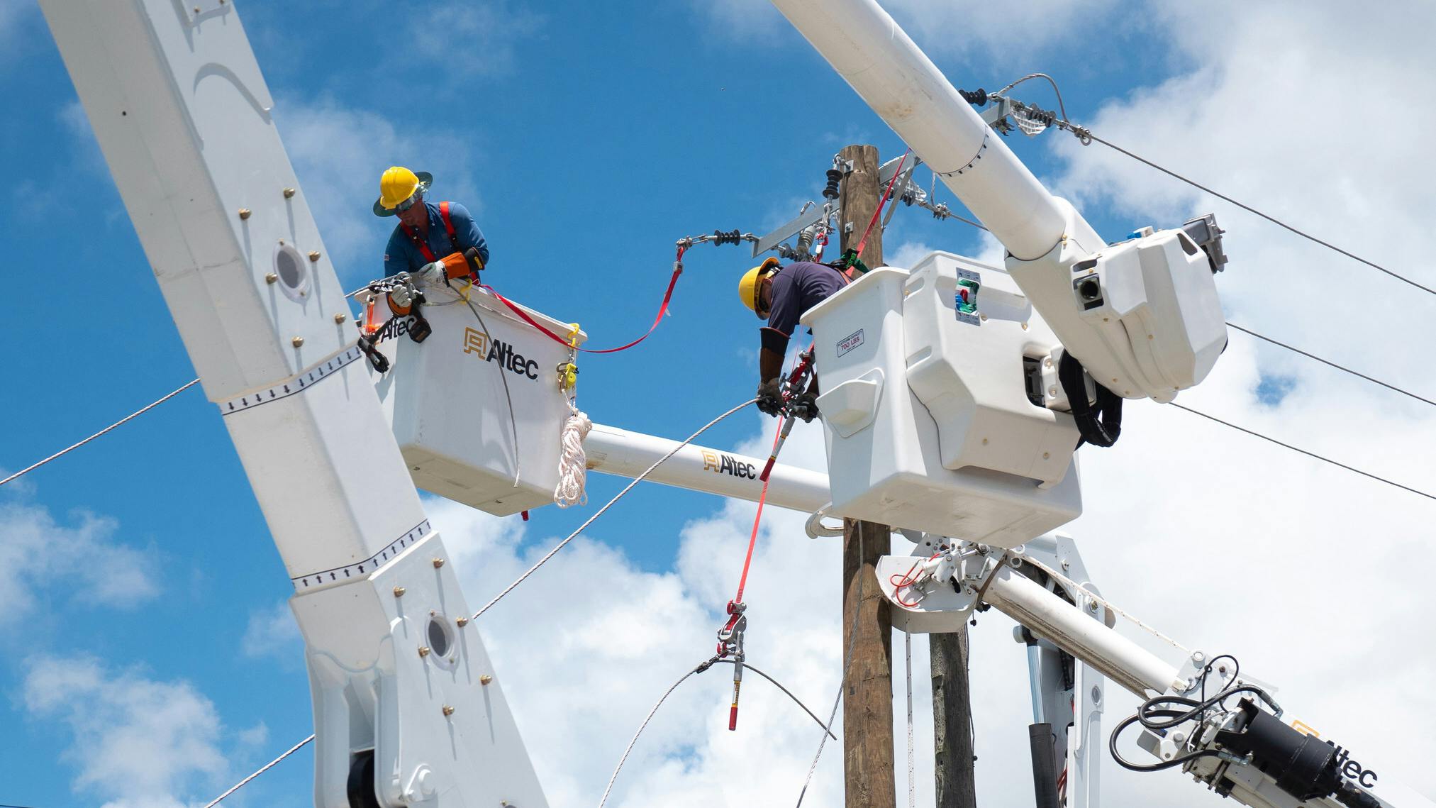 line workers in bucket trucks