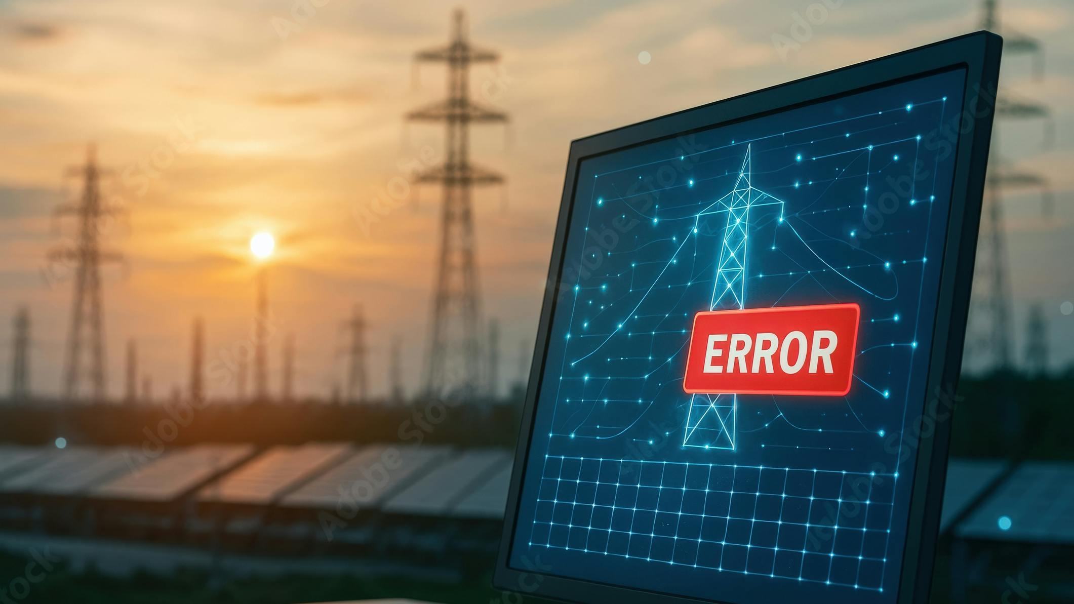 laptop with error message and power lines