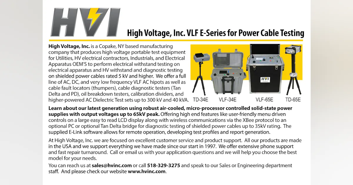 High Voltage, Inc. VLF E-Series for Power Cable Testing | TD World