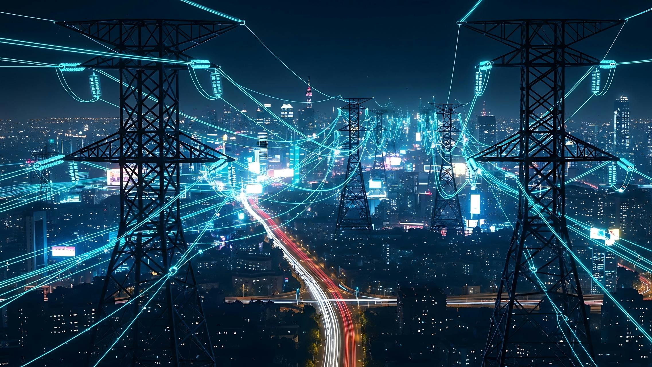 Smart City Energy Network at Night. A futuristic cityscape at night, featuring electrical pylons overlaid with glowing data streams. The city lights and blurred car trails create a dynamic background, symbolizing connectivity and energy flow. Ideal for illustrating concepts related to smart grids, technology, urban development, and the future of energy.