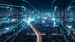 Smart City Energy Network at Night. A futuristic cityscape at night, featuring electrical pylons overlaid with glowing data streams. The city lights and blurred car trails create a dynamic background, symbolizing connectivity and energy flow. Ideal for illustrating concepts related to smart grids, technology, urban development, and the future of energy.