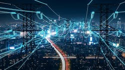 Smart City Energy Network at Night. A futuristic cityscape at night, featuring electrical pylons overlaid with glowing data streams. The city lights and blurred car trails create a dynamic background, symbolizing connectivity and energy flow. Ideal for illustrating concepts related to smart grids, technology, urban development, and the future of energy. Smart City Energy Network at Night. A futuristic cityscape at night, featuring electrical pylons overlaid with glowing data streams. The city lights and blurred car trails create a dynamic background, symbolizing connectivity and energy flow. Ideal for illustrating concepts related to smart grids, technology, urban development, and the future of energy.