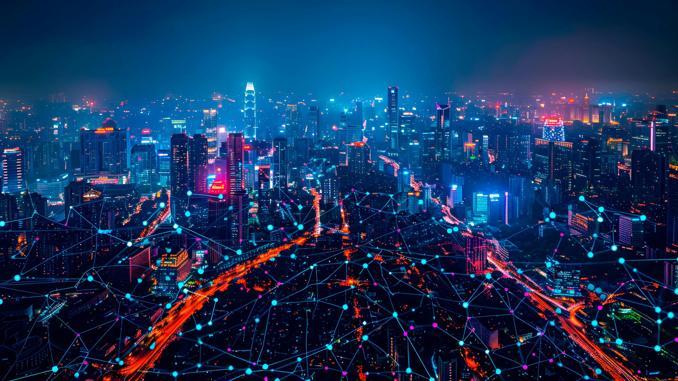 Futuristic smart city with digital connectivity and network overlay at night