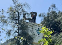 A Duke Energy lineworker works on backyard lines in Orlando, Florida, following Hurricane Milton. A Duke Energy lineworker works on backyard lines in Orlando, Florida, following Hurricane Milton.