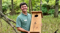 Master Naturalist Joey Anthony shows one of the bluebird boxes he made with his father-in-law from recycled power poles. Master Naturalist Joey Anthony shows one of the bluebird boxes he made with his father-in-law from recycled power poles.