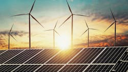 Clean energy power concept solar panel with wind turbine and sunset Clean energy power concept solar panel with wind turbine and sunset