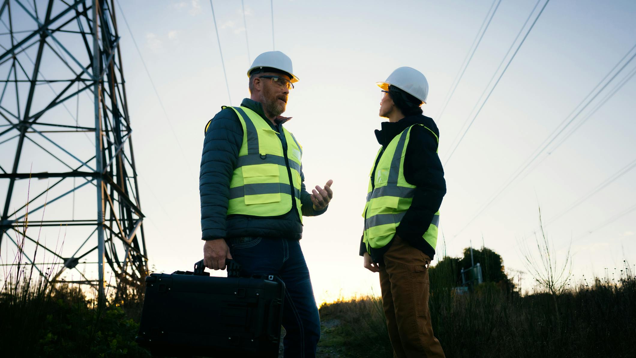 Utility Power Line Workers Examining Electrical Pylons