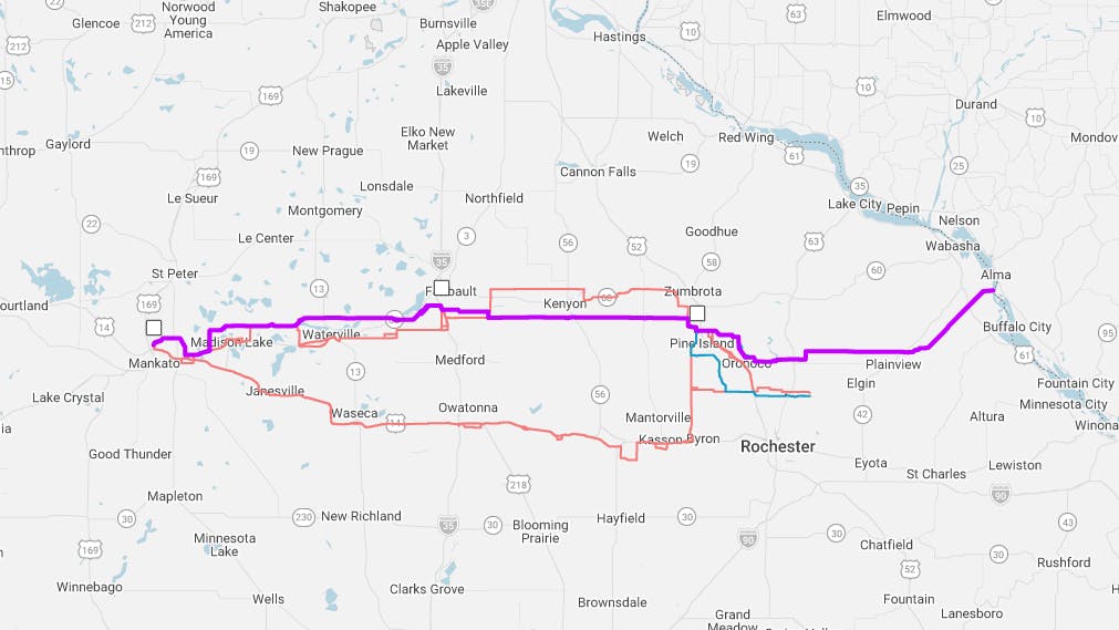Mankato&ndash;Mississippi River Transmission Project route map.