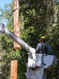 worker finishes a cut as a distribution line is lifted away worker finishes a cut as a distribution line is lifted away