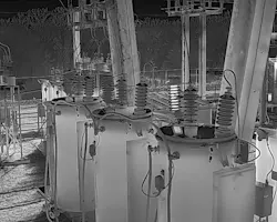 A hot spot is revealed on a transformer’s lightning arrester. A hot spot is revealed on a transformer’s lightning arrester.