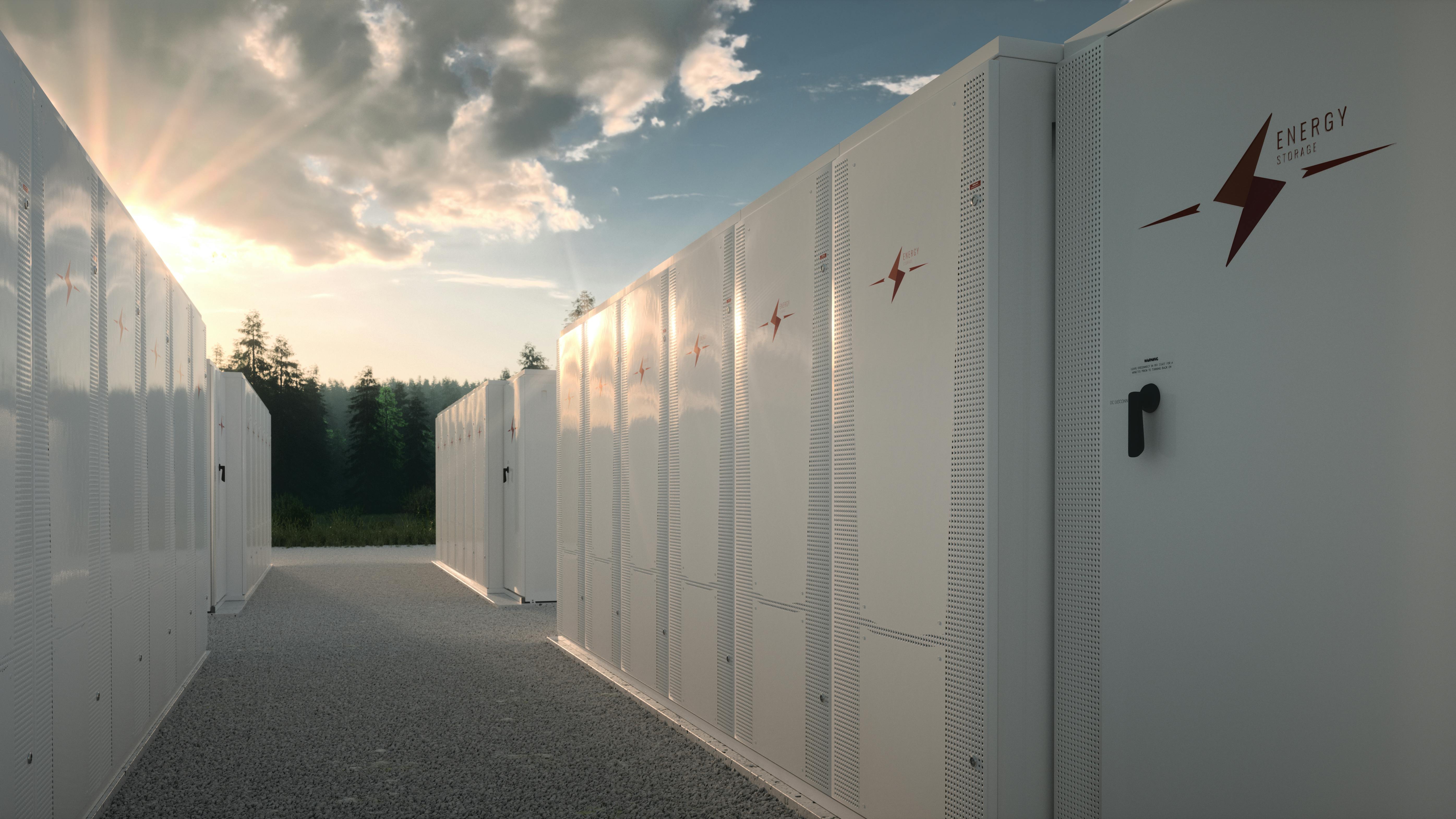 Close up view of renewable energy battery storage facility.
