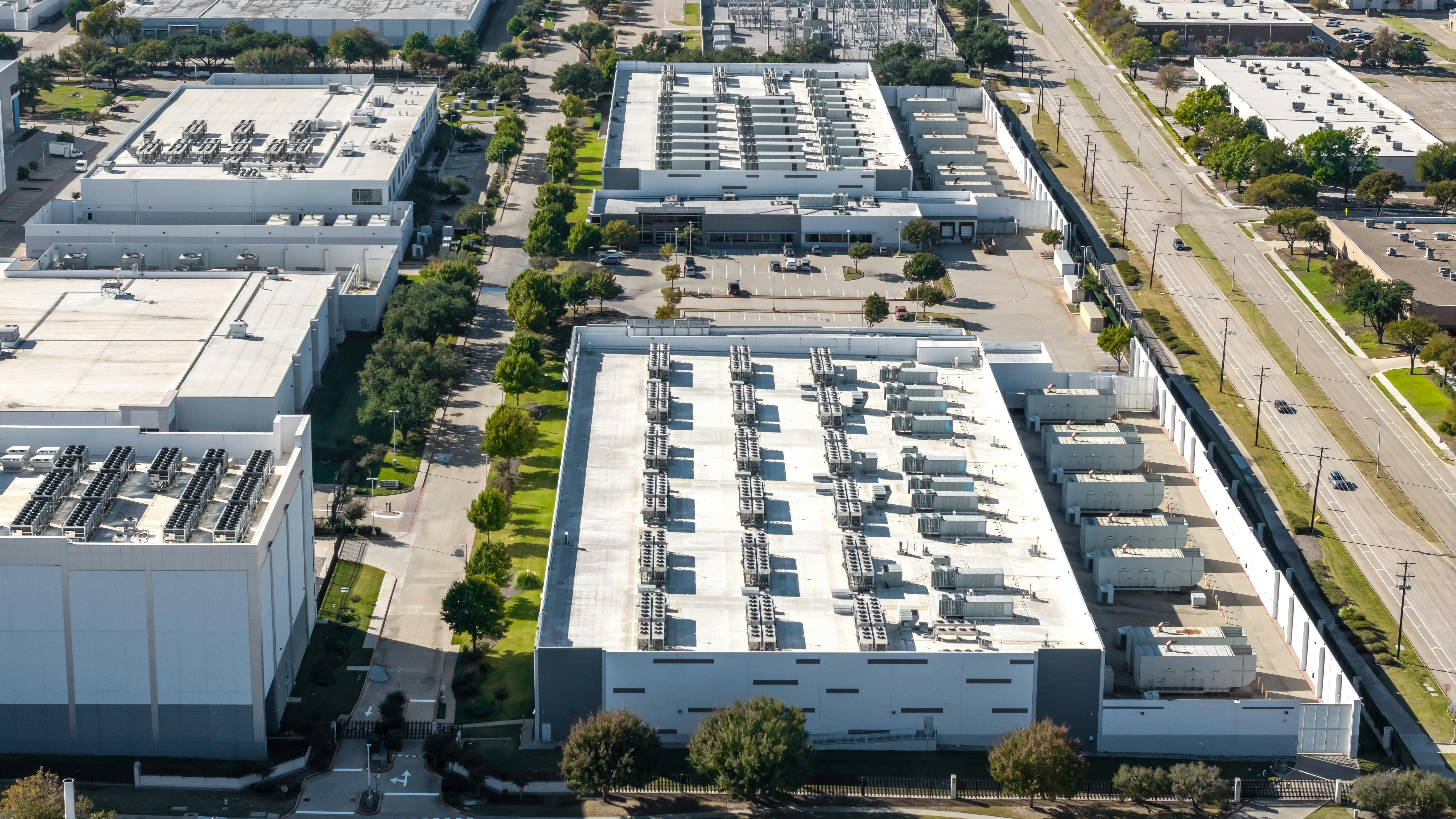 Aerial view of modern data center industrial park technology, AI hub