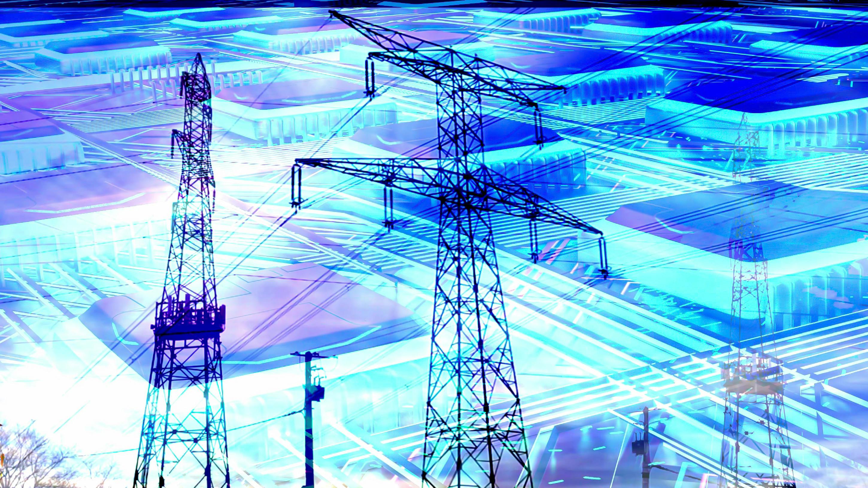 transmission towers superimposed with chips
