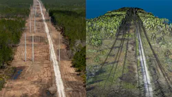 These side-by-side photos depict an RGB and a colorized LiDAR point cloud of the transmission corridor flown in the DAB to Mimms Mission. These side-by-side photos depict an RGB and a colorized LiDAR point cloud of the transmission corridor flown in the DAB to Mimms Mission.