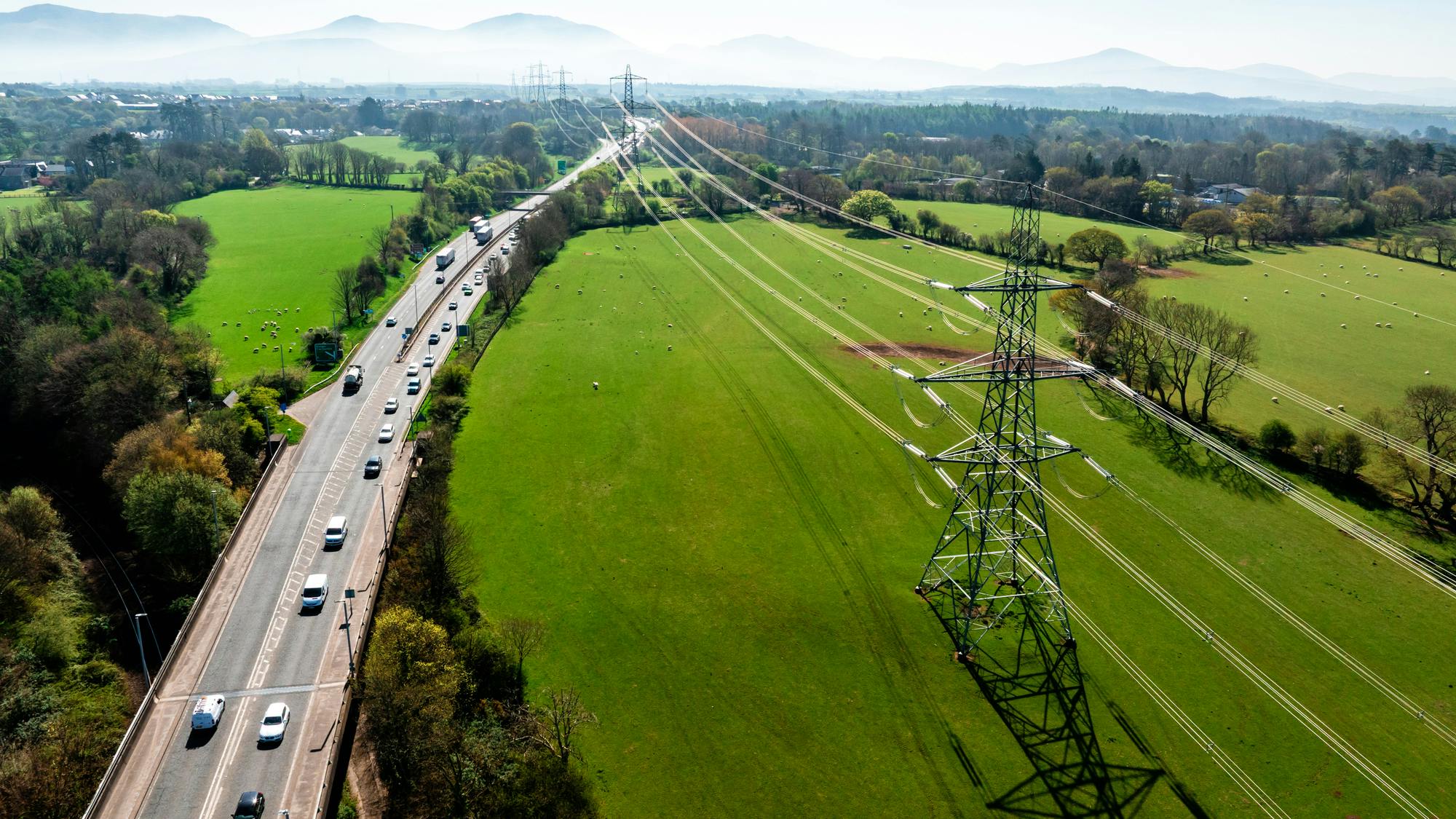 power lines and road