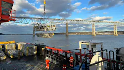 The HOS Mystique laying protective mattresses in the Hudson River. The HOS Mystique laying protective mattresses in the Hudson River.