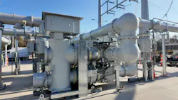 This shows a side profile of the circuit breaker and associated disconnect switches. The compact design greatly reduces the substation footprint.