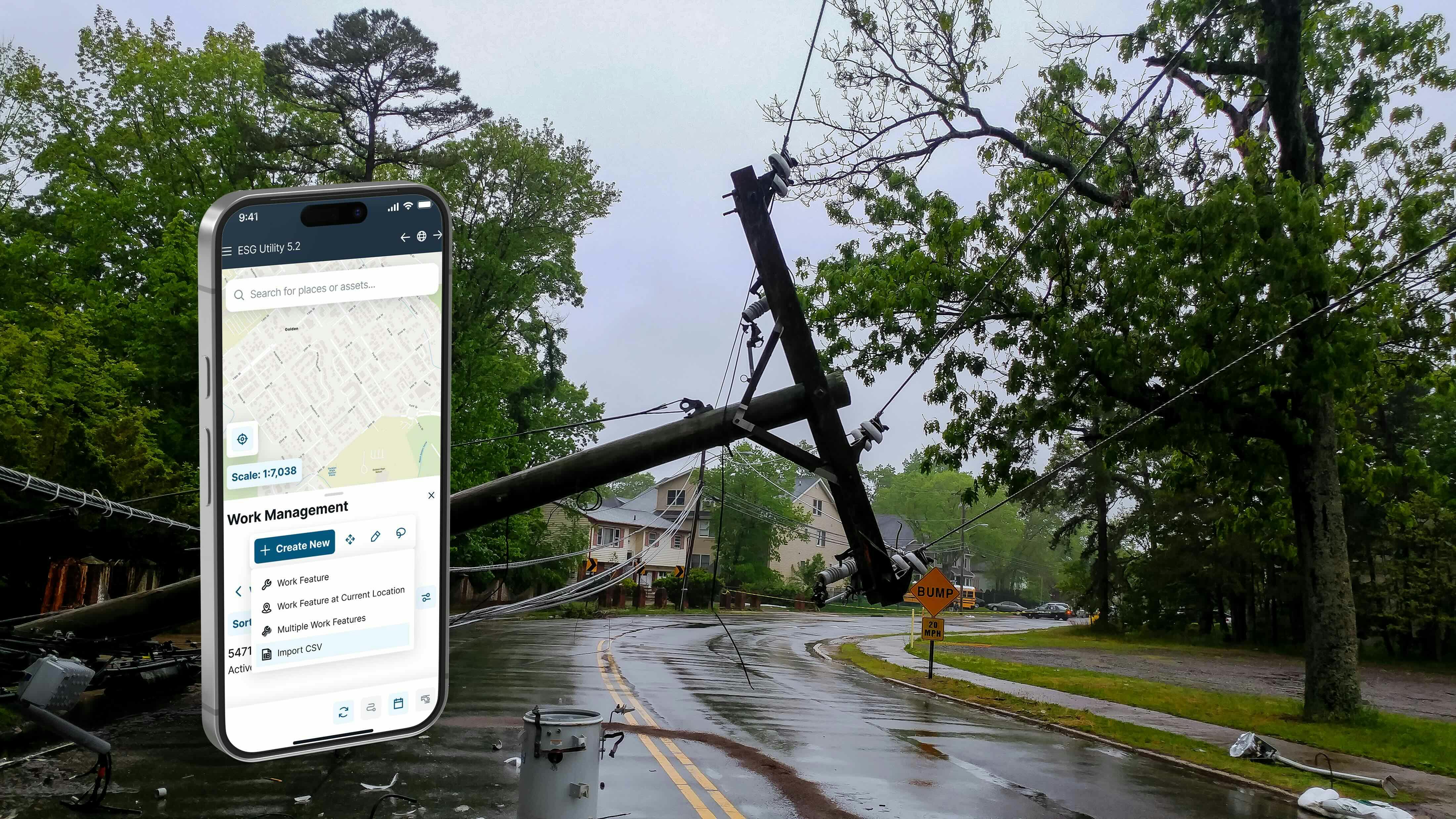 A map-first field platform offers storm damage assessment and work management.