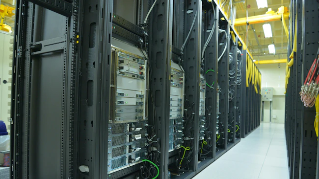 Data Center rack and stacks. A typical setup of Data center. Communication racks in a datacenter filled with switches and routers that keep all the servers connected.