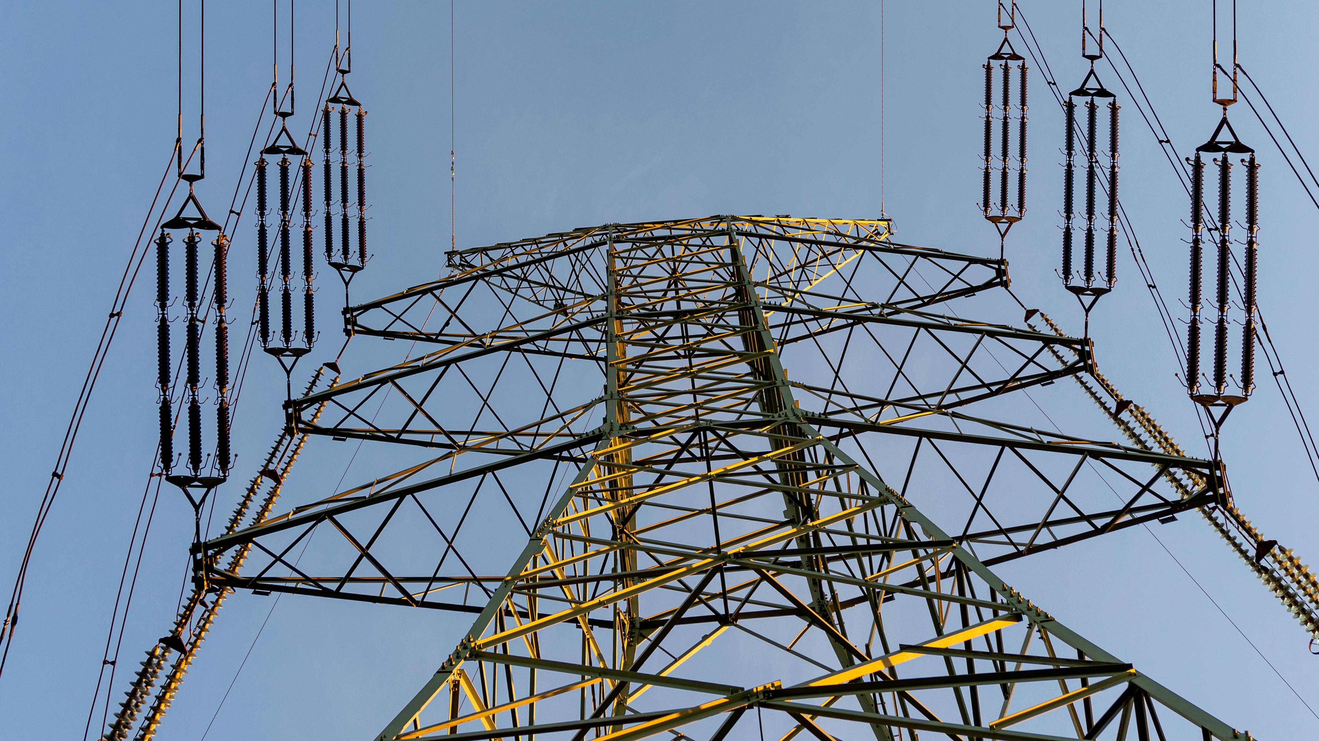 Energy grid infrastructure with high voltage pylons.